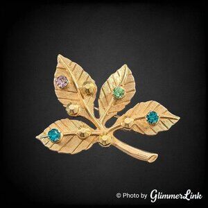 Vintage Anson Multicolor Rhinestone Leaf Branch Gold Tone Brooch Pin